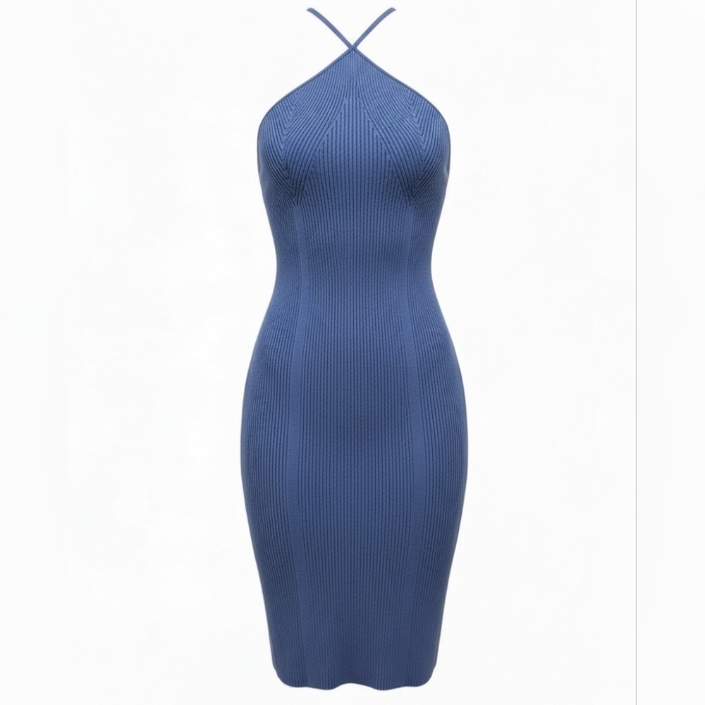 Anna Quan Midnight Blue Ribbed Knit Halter Midi Dress Size 12